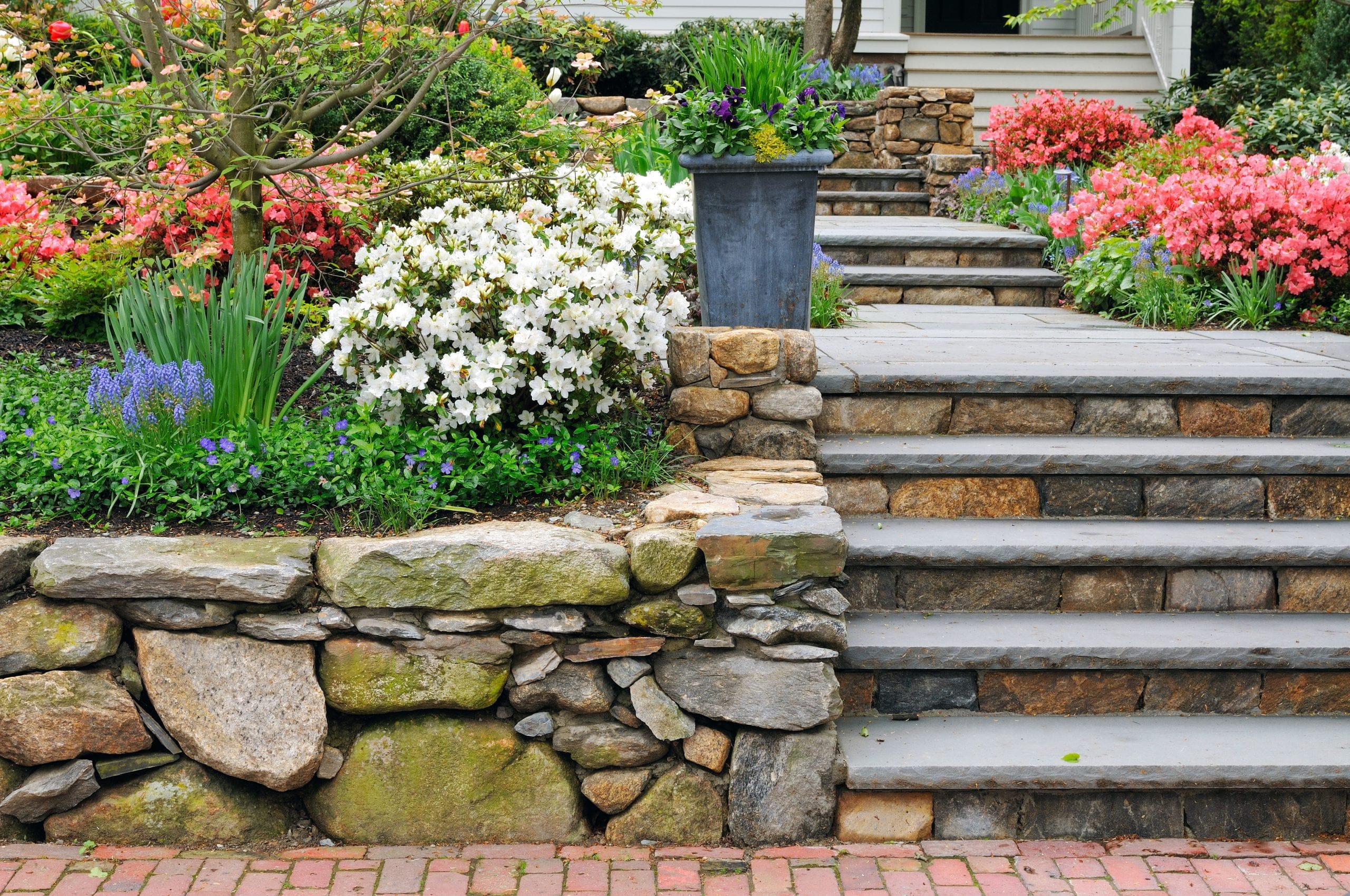 Beautiful Stone Wall And Steps, Colorful Garden, Curb Appeal hardscape ideas