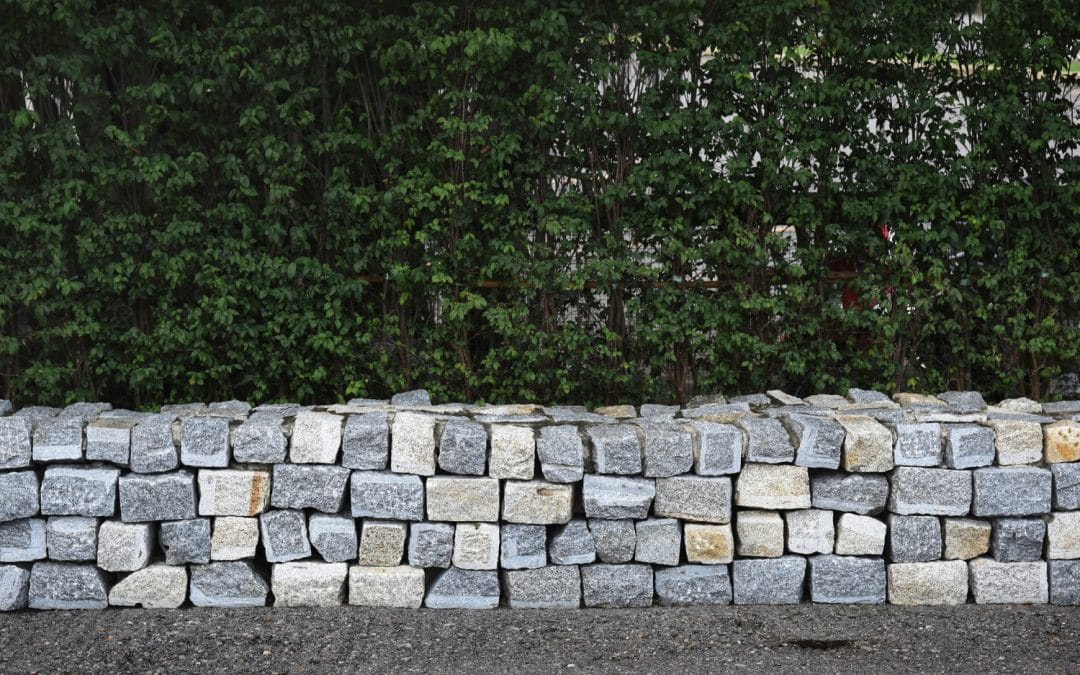 A low stone wall made of uneven bricks stands in front of dense green foliage.